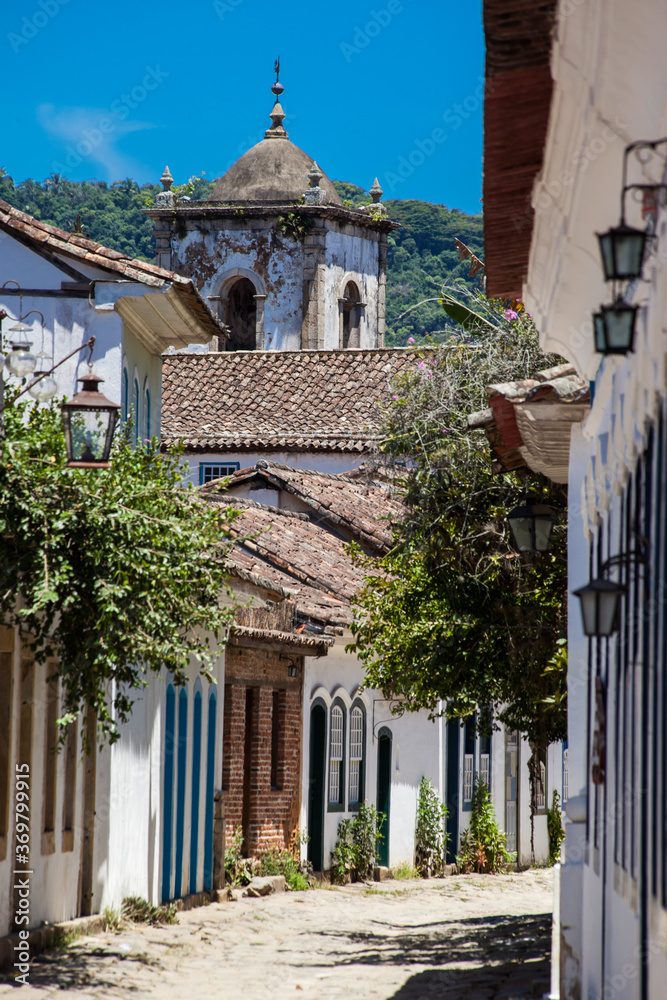 Historical street with old church tower - Paraty - RJ - Brazil