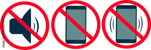 Prohibition sign. It is forbidden to use a mobile phone. Red crossed out circle, phone or alarms off sign. Turn off the sound, switch to silent mode. Vector image.
