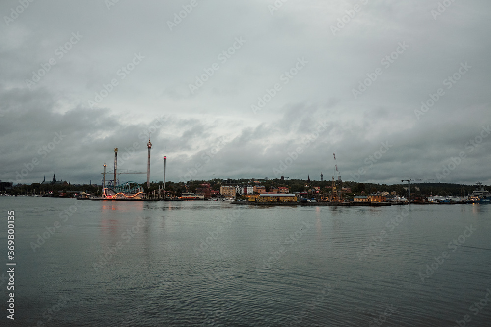 Sweden. Stockholm. Stockholm coast early in the morning. Lights of the morning city. September 17, 2018 Sweden. Stockholm. Stockholm coast early in the morning. Lights of the morning city. September 17, 2018