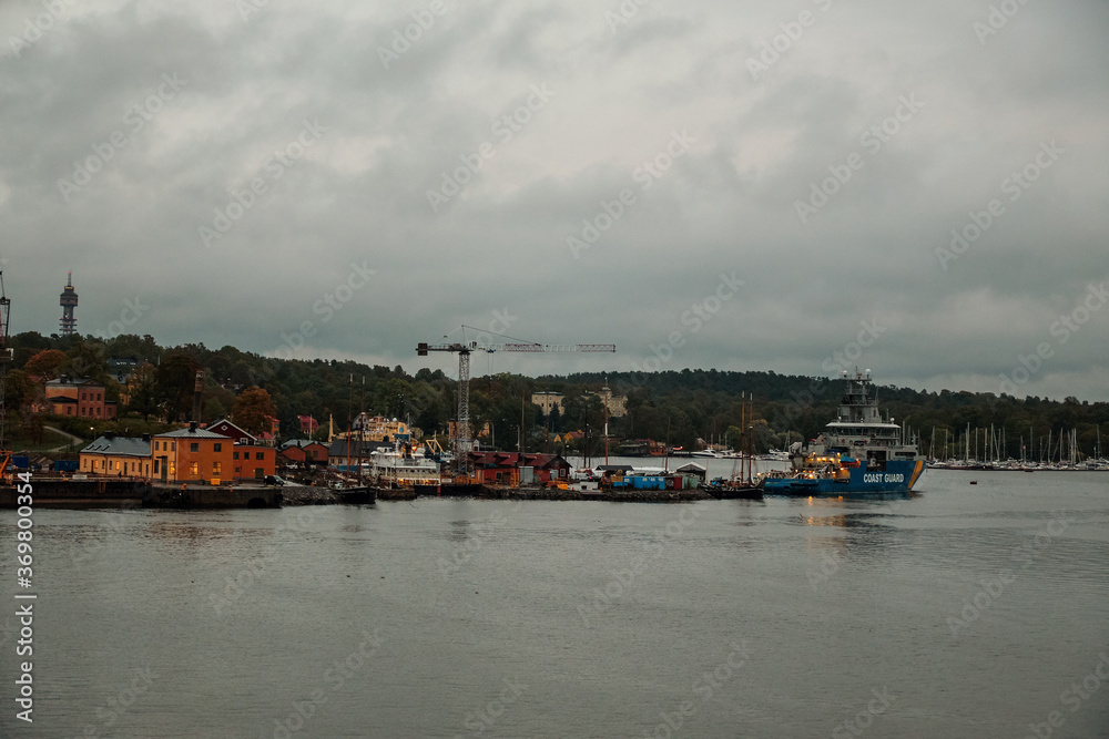 Sweden. Stockholm. Stockholm coast early in the morning. Lights of the morning city. September 17, 2018