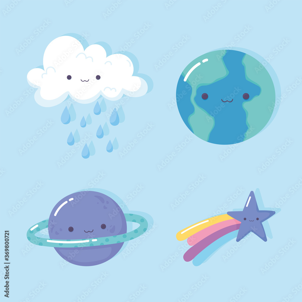 saturn earth shooting star rainbow cloud rain cartoon icons