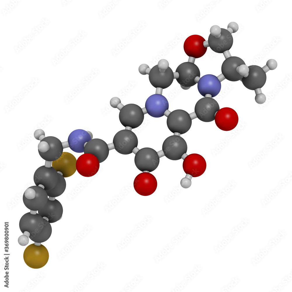 Cabotegravir HIV drug molecule (integrase inhibitor). 3D rendering. Atoms are represented as spheres with conventional color coding.