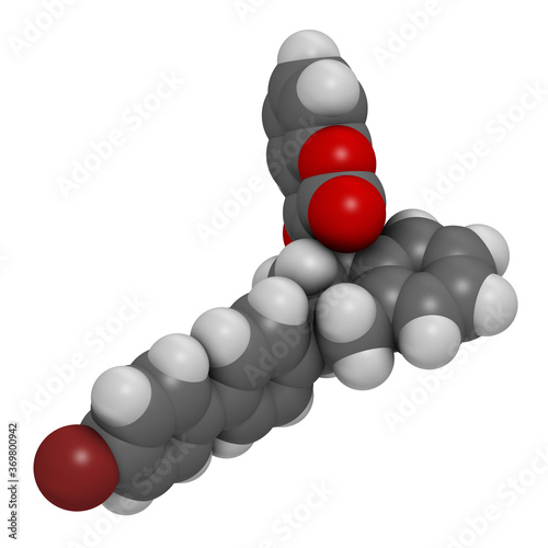 Brodifacoum rodenticide molecule. 3D rendering. Atoms are represented as spheres with conventional color coding: hydrogen (white), carbon (grey), oxygen (red), bromine (brown). photo