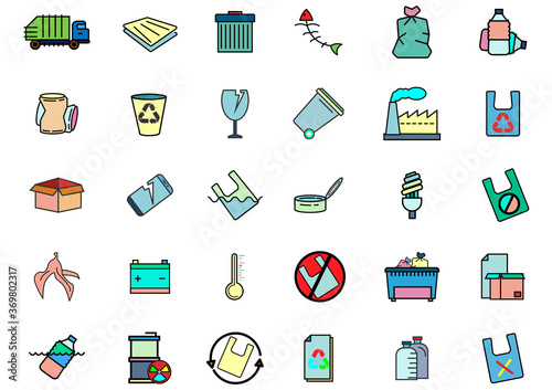 Set of Garbage Related Vector icons.Trash, Plastic,Aluminium Can, Pollution,Vector concept Organic Waste icons and  Recycle Plant concept. photo