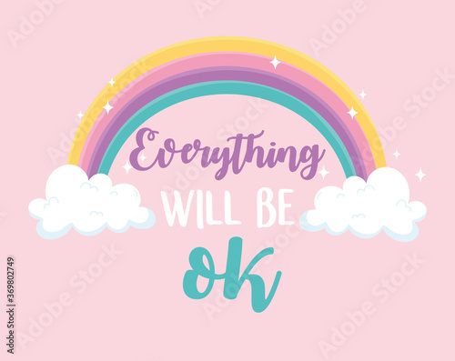 everything will be ok rainbow, positive message pink background photo