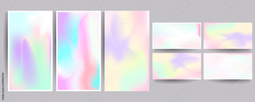 Set hologram gradient background 90s, 80s retro style. Pastel shades muted colors graphic template for brochure, banner minimal hologram gradient