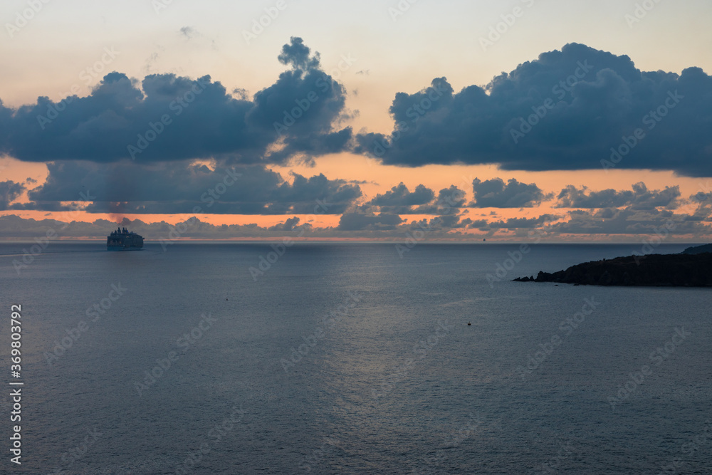 Cruise ships departing Sint Maarten at sunset, Caribbean