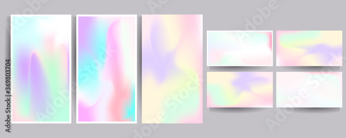 Set hologram gradient background 90s, 80s retro style. Pastel shades muted colors graphic template for brochure, banner minimal hologram gradient