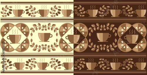 Coffee pattern ornament from coffee cup, coffee beans, lemon and leaves on a white and brown background .Vector graphic.  ©  swetazwet