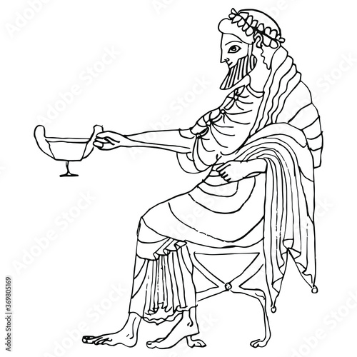 Seated ancient Greek man holding cup. God of wine Dionysus or Bacchus. Hand drawn linear sketch. Black silhouette on white background.