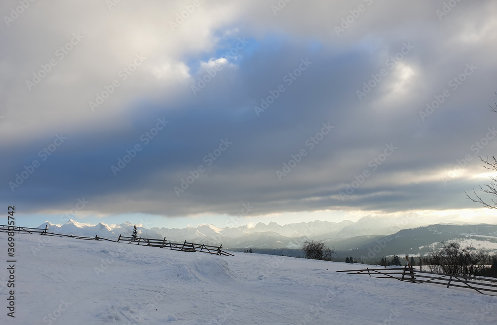 Poland, Winter Panorama of the Tatra Mountains.