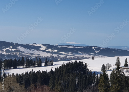 Poland, View on the Ski Roads in Bialka Tatrzanska in the sunny winter day