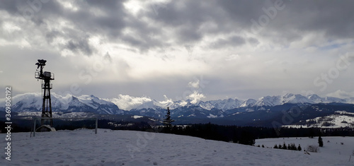 Poland, Winter Panorama of the Tatra Mountains from Rzepiska