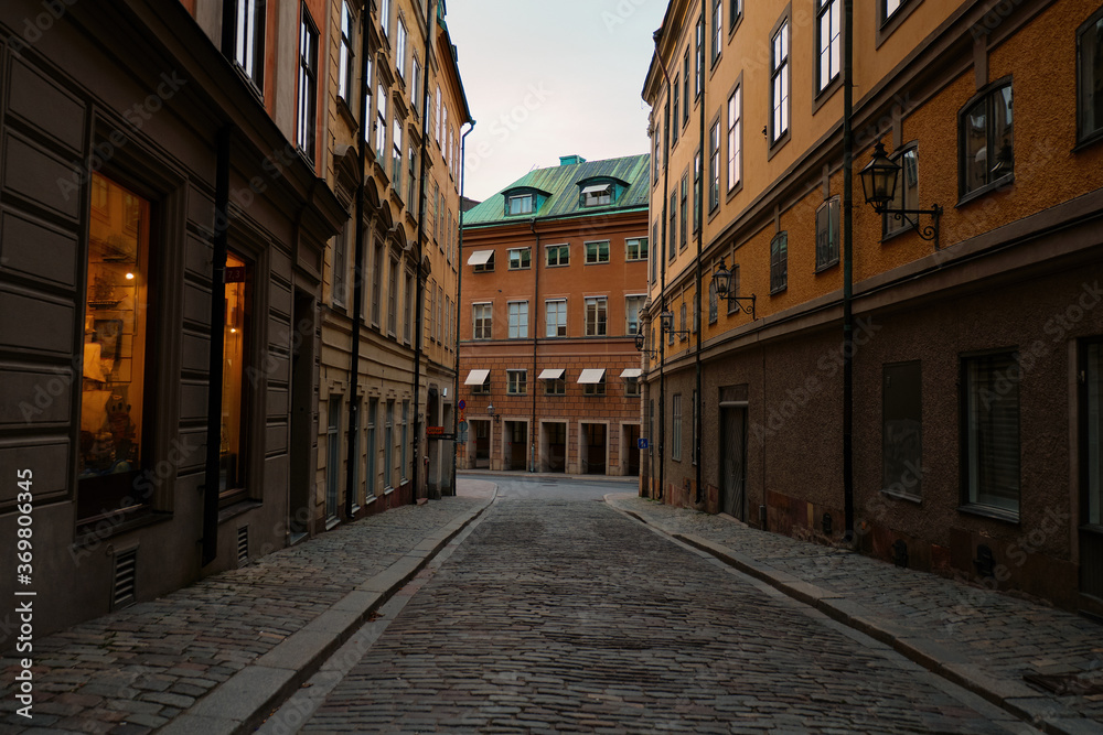 Sweden. Stockholm. Houses and streets of Stockholm in the evening lights. Cityscape. September 17, 2018