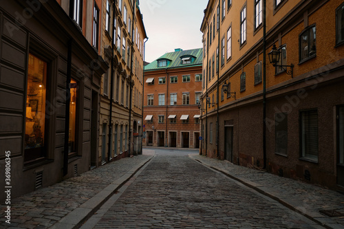 Sweden. Stockholm. Houses and streets of Stockholm in the evening lights. Cityscape. September 17, 2018
