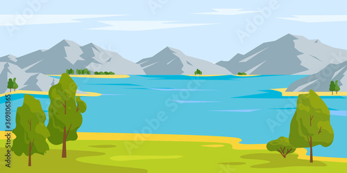 Lake or river and mountains. photo