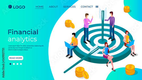 Financial analytics.People are targets and money.The concept of searching for financial gain.Teamwork.Search for new business directions.Isometric vector illustration.The template of the landing page.