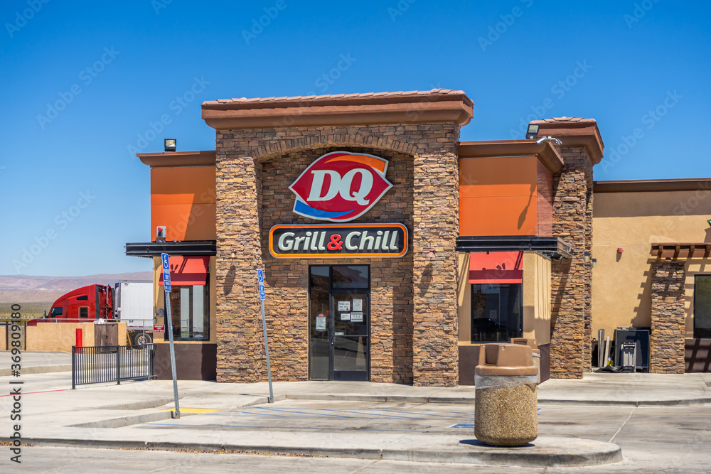 Yermo CA USA August 1 2020 The front entrance to the Dairy Queen Grill and Chill fast food restaurant located in Yermo California next to Interstate 15. Stock Adobe Stock