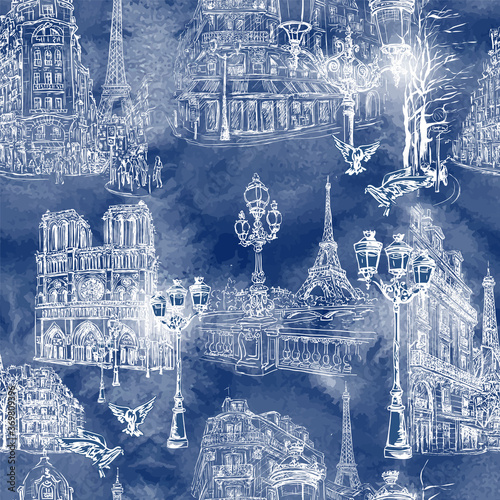 Paris - Watercolor seamless wallpaper. Parisian streets, Notre Dame, cafes and the Seine embankment overlooking the Eiffel Tower