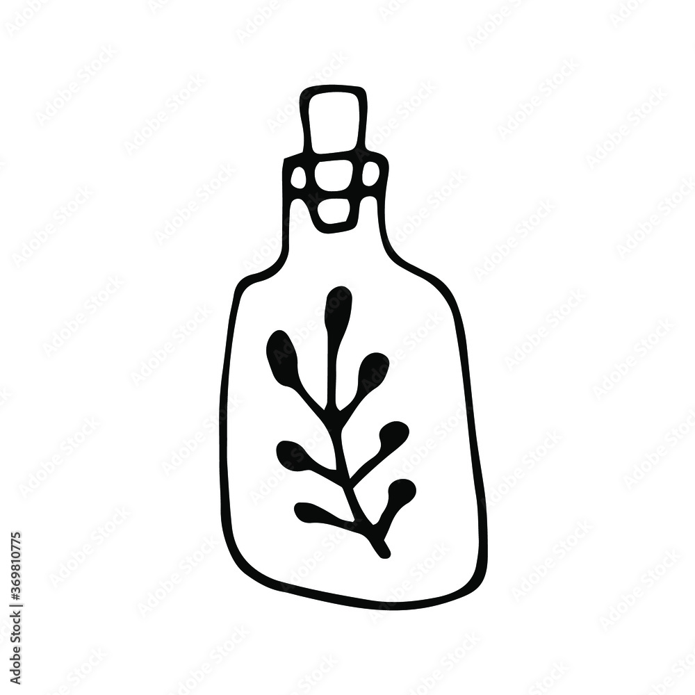 Fototapeta premium bottle of magic herbs isolated on white background For magic design,herbal shops logo, aromatherapy logo emblem - sign - banner.Vector illustration Glass with grass.Hand-drawn on a white