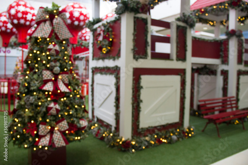 Christmas scene with gifts and tree objects. Christmas decoration. Christmas background blurred.