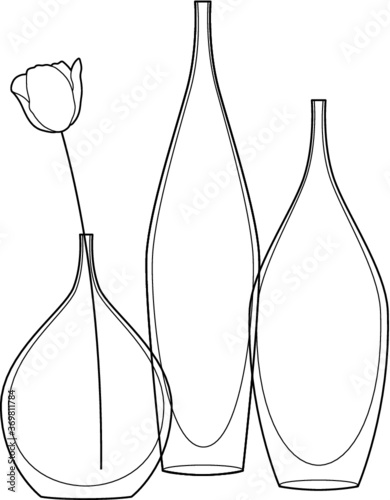 A vector line art illustration of a set of 3 vases and a flower