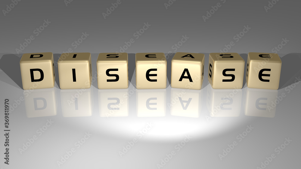 3D graphical image of Disease vertically along with text built by metallic cubic letters from the top perspective, excellent for the concept presentation and slideshows. illustration and care 3D graphical image of Disease vertically along with text built by metallic cubic letters from the top perspective, excellent for the concept presentation and slideshows. illustration and care