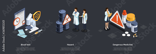 Scientific Researches And Health Care Concept. Laboratory Workers Or Doctors Make Blood Test With Equipment. Threat of Infection, Biohazard And Dangerous Medicines. Isometric 3D Vector Illustration
