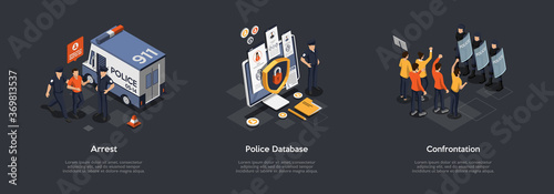 Protection Of Population. Police Officers Apprehending Criminal. Man Is Under Arrest. Policeman Use Database To Check Information Confrontation Protest Action. Cartoon Flat Style. Vector Illustration