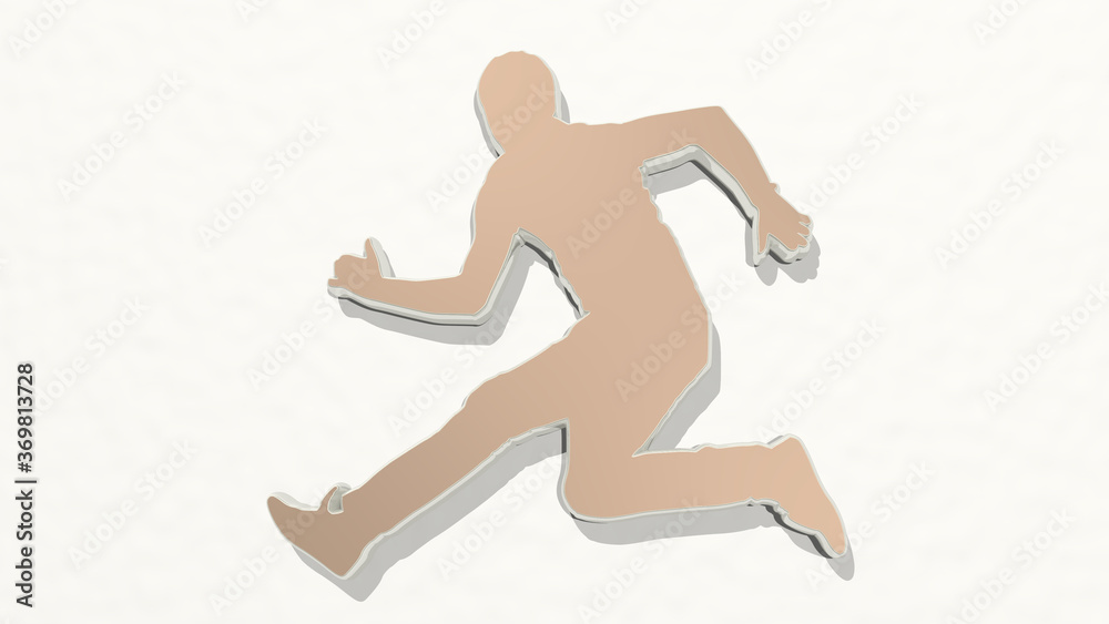 ATHLETIC SPORT ACTIVITY on the wall. 3D illustration of metallic sculpture over a white background with mild texture. athlete and active