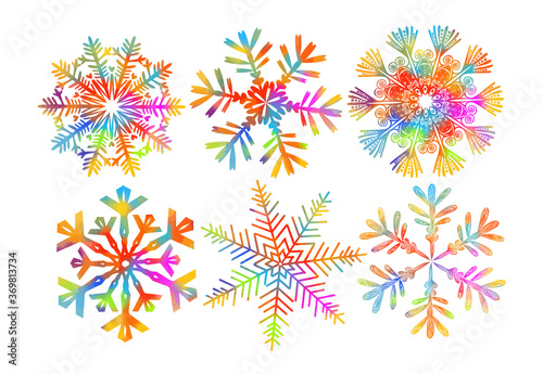 Set of rainbow snowflakes. A multi-colored abstraction of a snowflake. Merry Christmas. Mixed media. Vector illustration