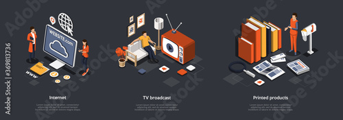 Mass Media And Breaking News Concept. Male And Female Characters Find An Information What Happening In The World From Internet, Watching TV And Get Fresh Newspapers. Isometric 3d Vector Illustration