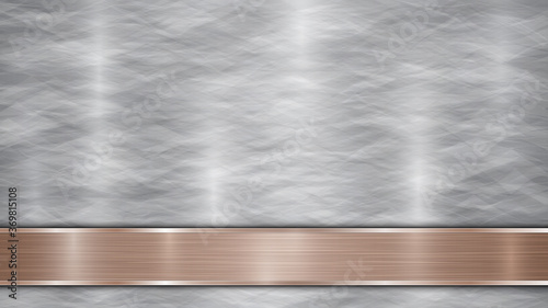 Background consisting of a silver shiny metallic surface and one horizontal polished bronze plate located below, with a metal texture, glares and burnished edges