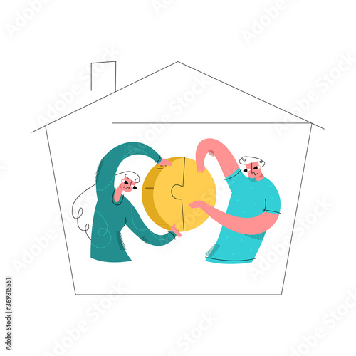 Vector flat illustration young married couple in abstract house holding coin in form of puzzle that is divided half. Concept maintaining family budget, investing funds equally, and partnerships.