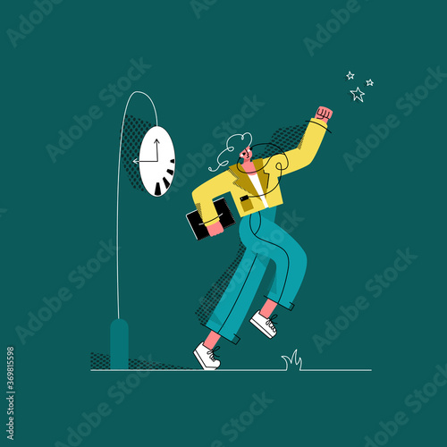 Vector flat illustration young woman rushing to work. She has laptop in her hand and gadget in pocket with headphones. Concept being late, planning time, rushing, observing working hours. © Viktoria