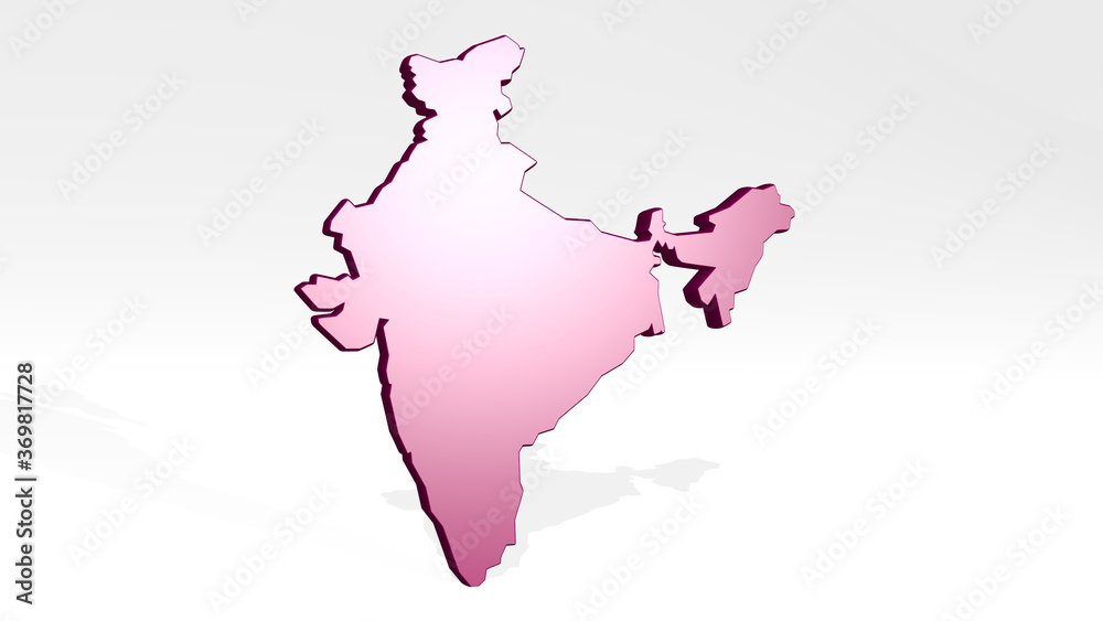 map of India made by 3D illustration of a shiny metallic sculpture with the shadow on light background. abstract and concept