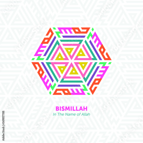 HEXAGON COLORFUL KUFIC CALLIGRAPHY OF BISMILLAH (IN THE NAME OF ALLAH, THE BENEFICIENT, THE MERCIFUL) WITH ISLAMIC GEOMETRIC PATTERN