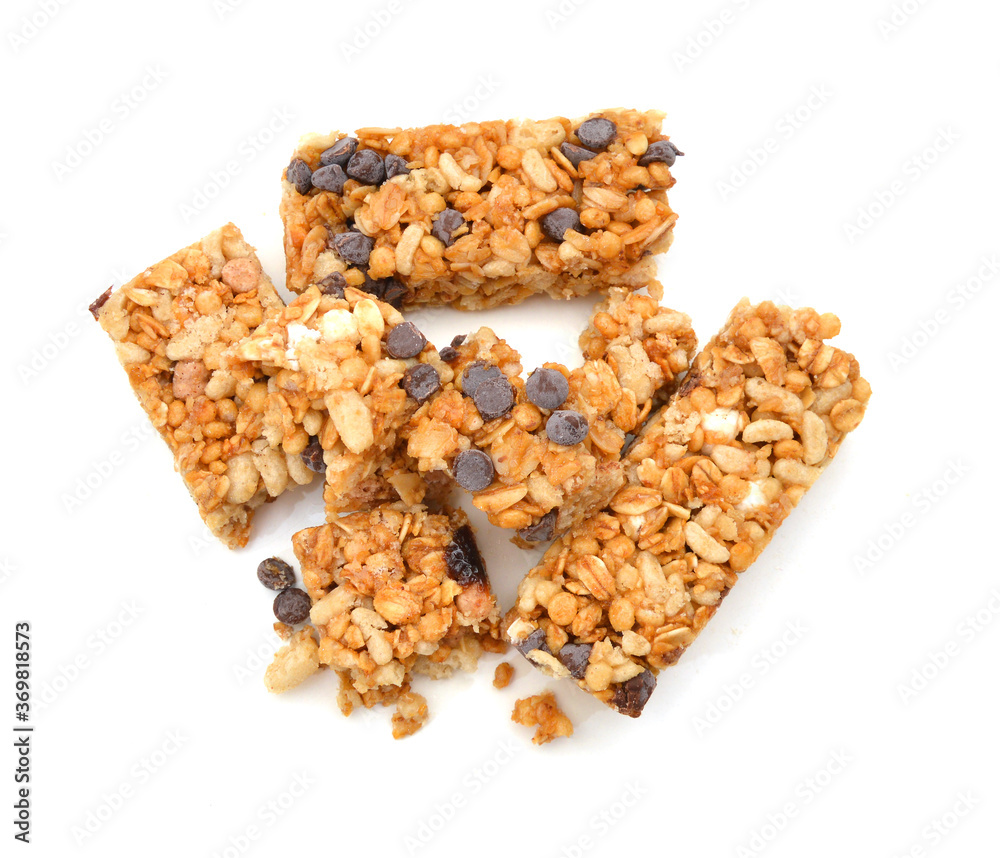 Stack chocolate chip with peanuts protein bars isolated on a white background. Stack chocolate chip with peanuts protein bars isolated on a white background.