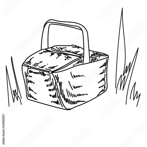 Picnic basket in grass, outline shading wicker texture, vector hand draw illustration