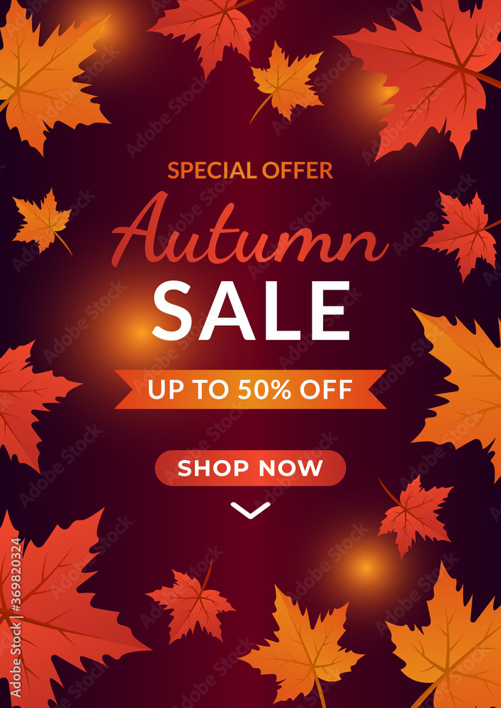 Autumn sale vector background decorate with leaves for holiday sale promo, invitaion card and greeting card. Vector illustration template