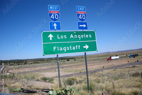 IP 40 road sign, blue and green, with los angeles and flagstaff destinations, in Arizona, America, USA.