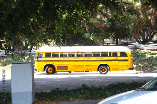 Yellow bus school transportation in California, America, USA.