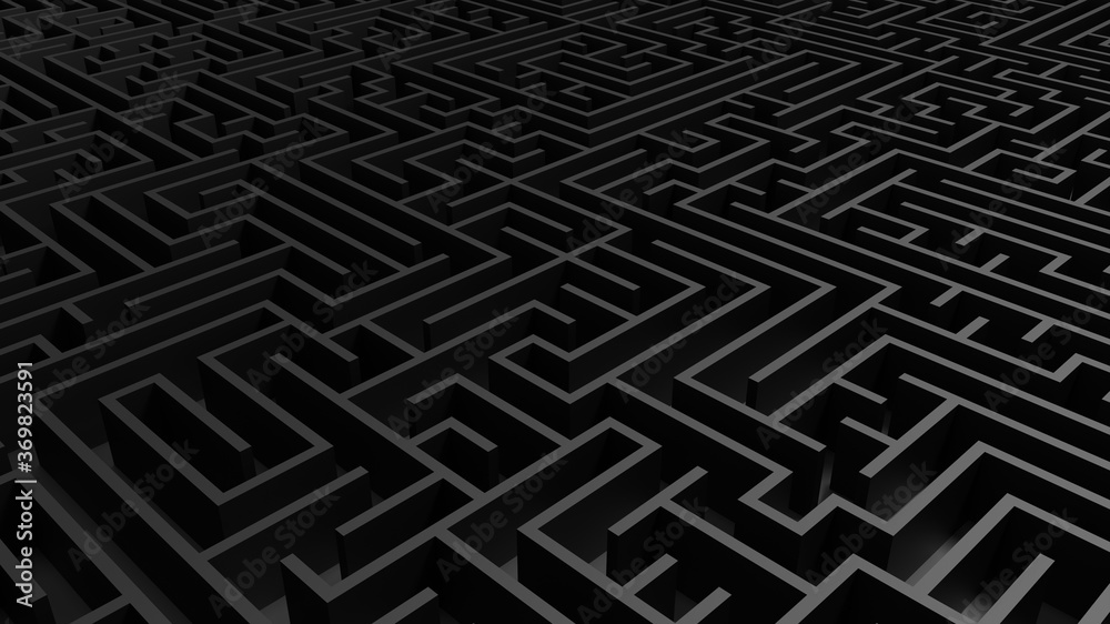 Huge black grey maze. Сhoices and challenge theme. Сomplex way to find exit, business concept or education. Template for background. Labyrinth finding a solution. 3D rendering illustration Huge black grey maze. Сhoices and challenge theme. Сomplex way to find exit, business concept or education. Template for background. Labyrinth finding a solution. 3D rendering illustration