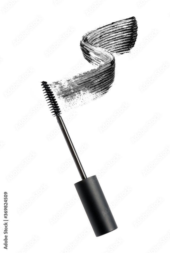 Black mascara brush stroke with applicator brush isolated on white Black mascara brush stroke with applicator brush isolated on white