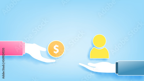 World day against trafficking in persons, exchange between money and user icon (persons), human trafficking concept, vector illustration for graphic design or banner, paper cut, relaxing pastel color