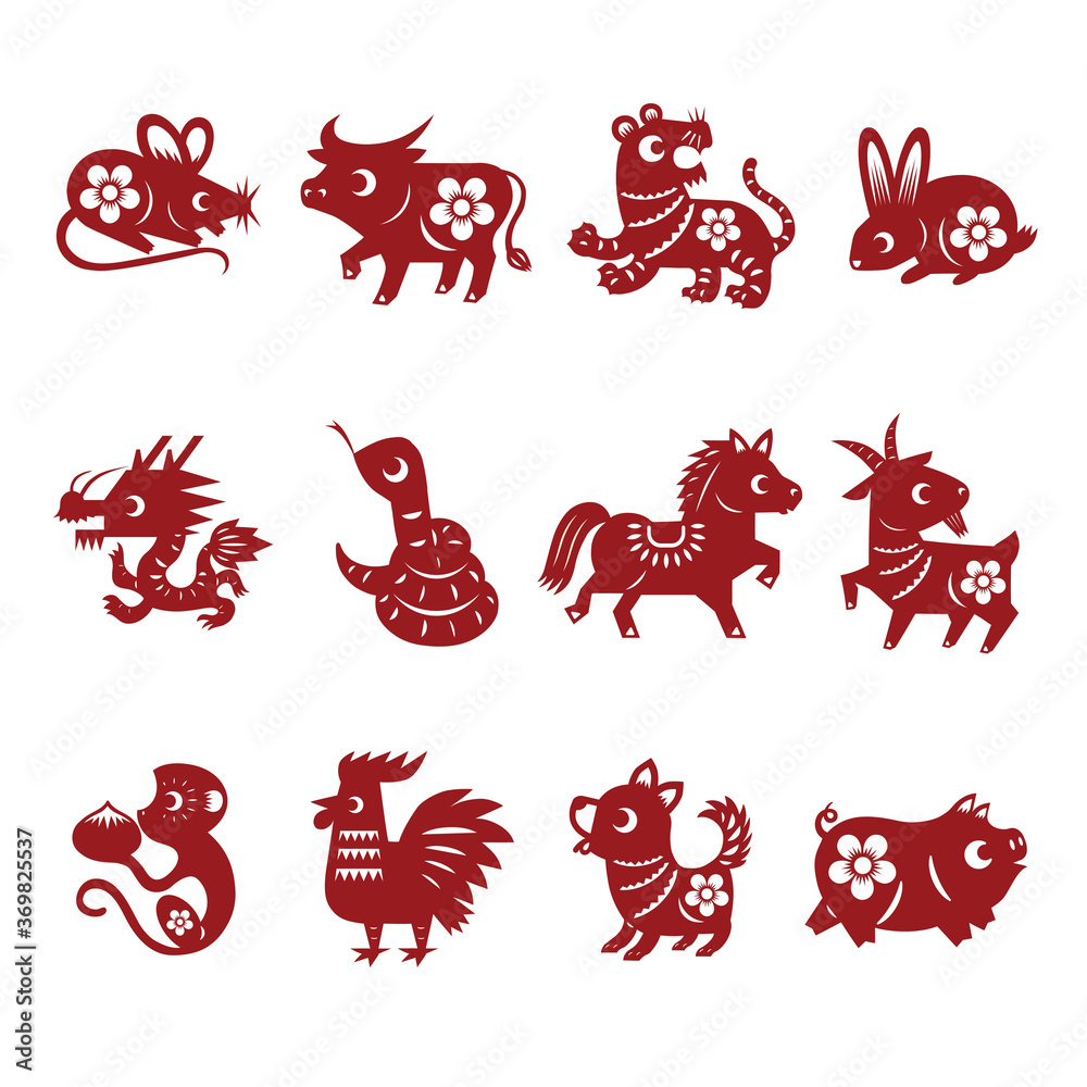 Fototapeta Chińskie wycinane zwierzęta zodiaku: szczur, wół, tygrys, królik, smok, wąż, koń, koza, małpa, kogut, pies, świnia. Ilustracja wektorowa