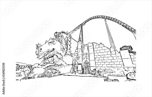 Building view with landmark of Sochi, a Russian city on the Black Sea, is known as a summer beach resort. Hand drawn sketch illustration in vector.