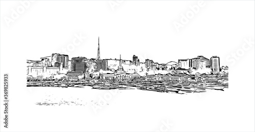 Building view with landmark of Sochi, a Russian city on the Black Sea, is known as a summer beach resort. Hand drawn sketch illustration in vector.