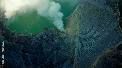 An aerian panorama inside a volcano which is erupting