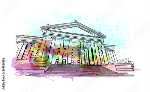 Building view with landmark of Sochi, a Russian city on the Black Sea, is known as a summer beach resort. Watercolor splash with hand drawn sketch illustration in vector.